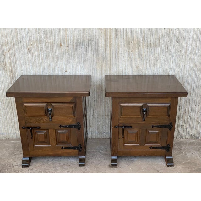 Wood Early 20th Century Pair of Spanish Nightstands with One Drawers, Door and Iron Hardware For Sale - Image 7 of 18