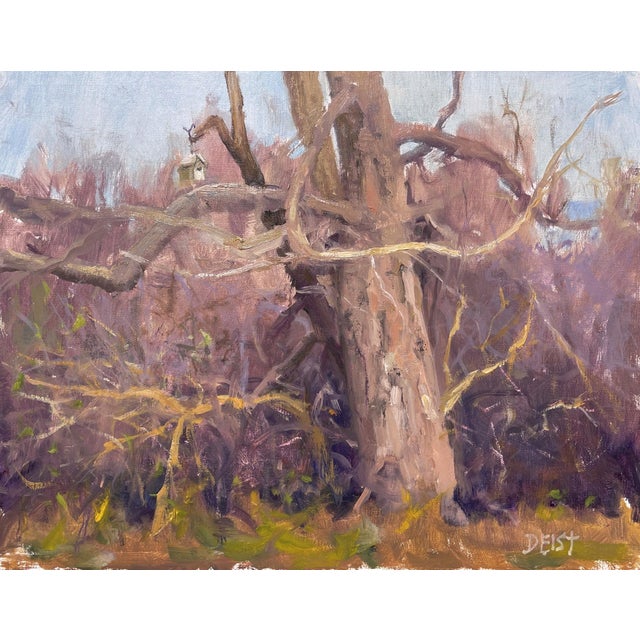 The Birdhouse by Harold Deist | Oil on Linen Panel Landscape with a tree and birdhouse. For Sale