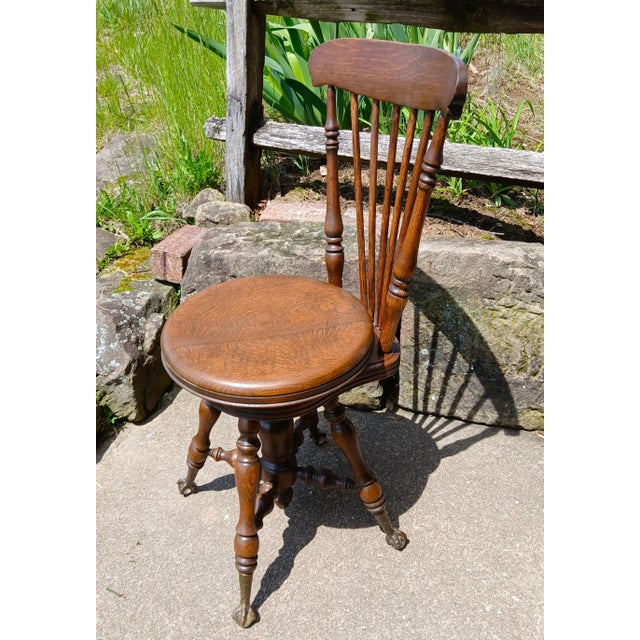 Victorian 1890s Antique Quarter Sawn Oak High Back Organ Stool With Claw Feet For Sale - Image 3 of 17