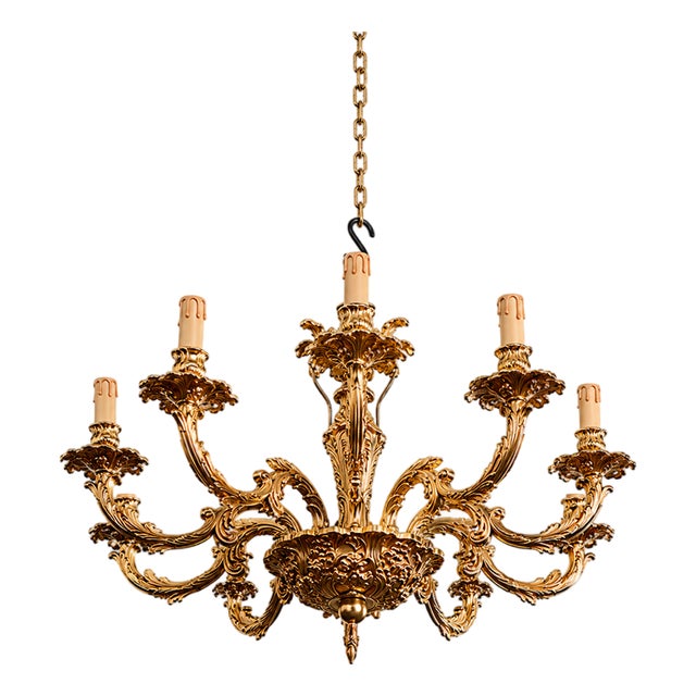 Rococo-Style Gilded Bronze 6-Light Chandelier, 1980s For Sale