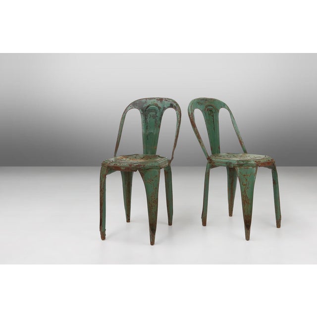Metal Vintage Green Model A Chairs from Tolix, France, 1950s, Set of 4 For Sale - Image 7 of 18