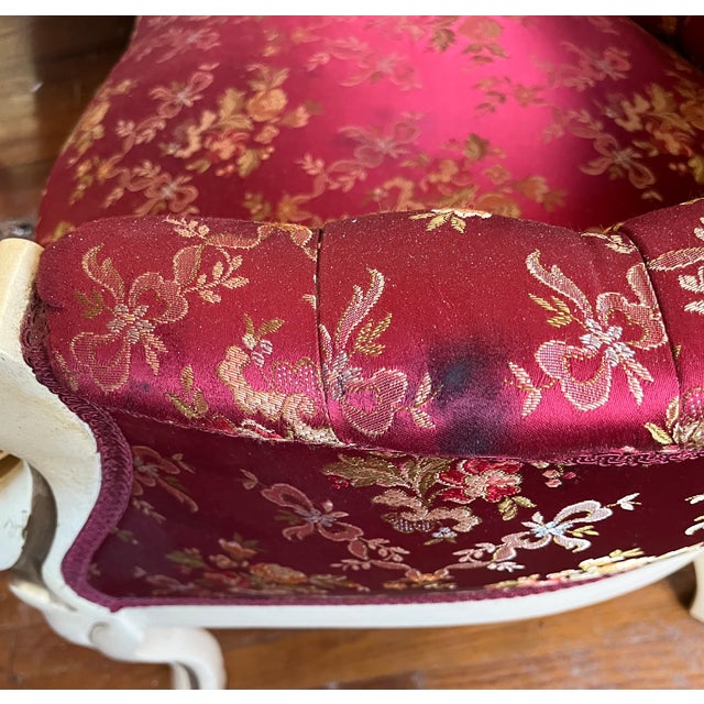 Mid 20th Century 3-Piece Victorian Rococo Revival Style Parlor Suite — Carved Cream & Gold Frames, Burgundy Brocade For Sale - Image 15 of 18