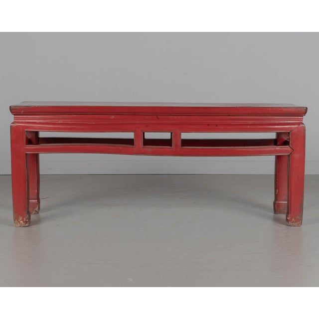 Wood 19th Century Chinese Qing Dynasty Red Lacquered Bench For Sale - Image 7 of 11