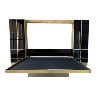 Ello Mirrored Glass and Brass Platform Bed With Integrated Nightstands and Headboard For Sale