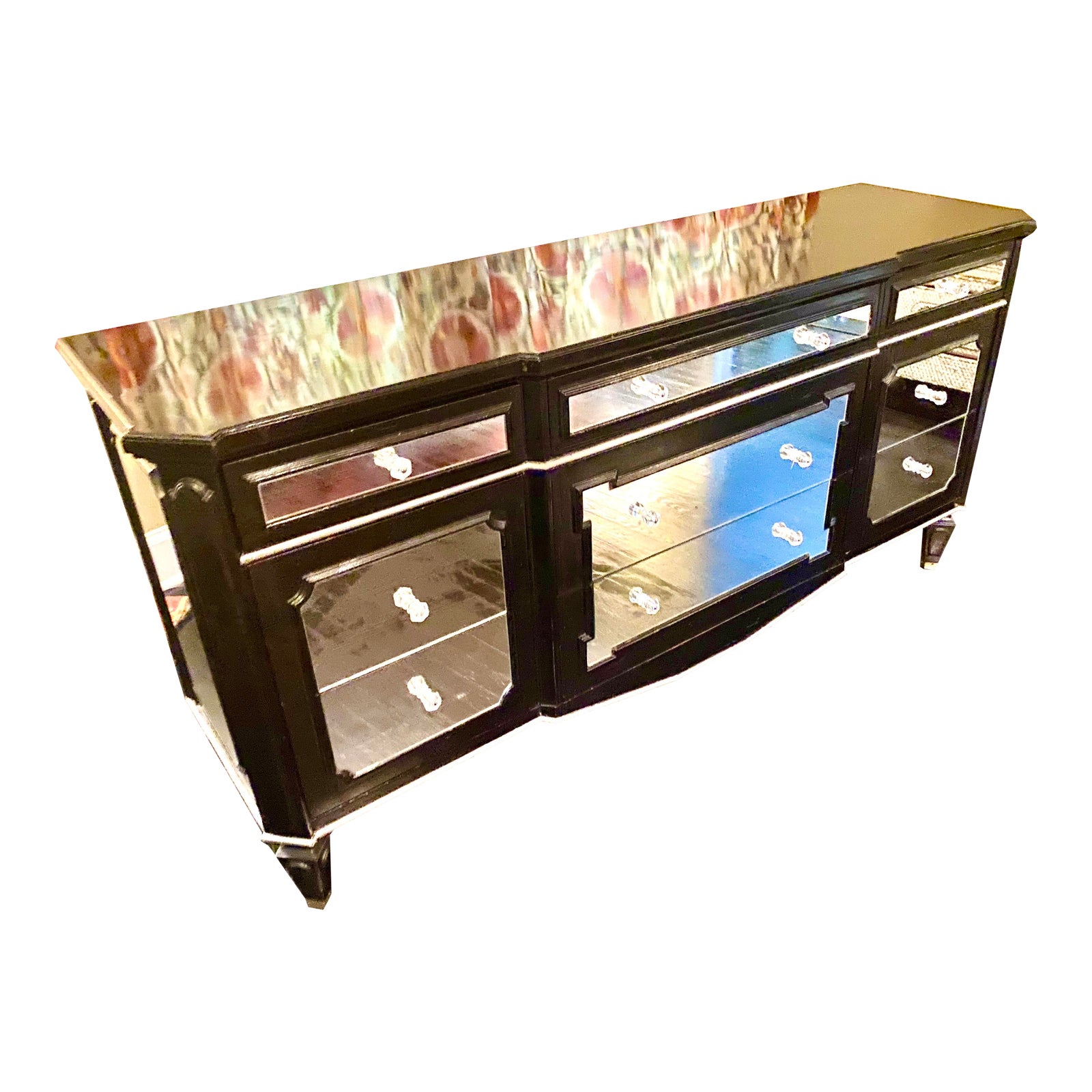 1930s Auffray Art Deco Black Mirrored Dresser With Silver Detail