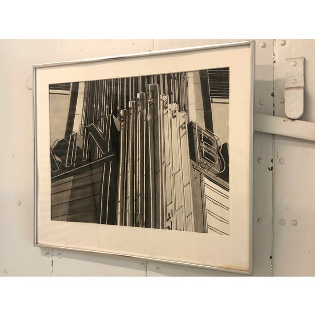 Realism 1989 Jeffrey E. Babine Brackin Theatre Marquee Original Ink Wash Drawing Signed Framed For Sale - Image 3 of 10