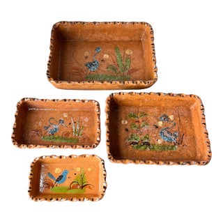 Vintage Tlaquepaque Mexican Folk Art Clay Pottery Nesting Rectangular Trays- Set of 4 For Sale