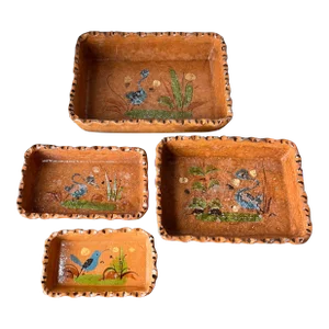 Vintage Tlaquepaque Mexican Folk Art Clay Pottery Nesting Rectangular Trays- Set of 4