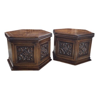 Vintage 1970s Lane Furniture Carved Hexagonal Parquet Storage End Tables, Pair For Sale