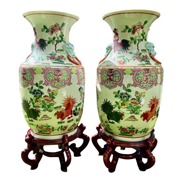 Pair of Antique 19th Century Rare Chinese Porcelain Vases Hand Painted Roosters, Florals & Insects For Sale