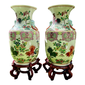 Pair of Antique 19th Century Rare Chinese Porcelain Vases Hand Painted Roosters, Florals & Insects