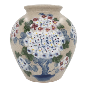 Late 20th Century Hand-Painted Crackle Glaze Stoneware Vase With Blossoming Floral Design