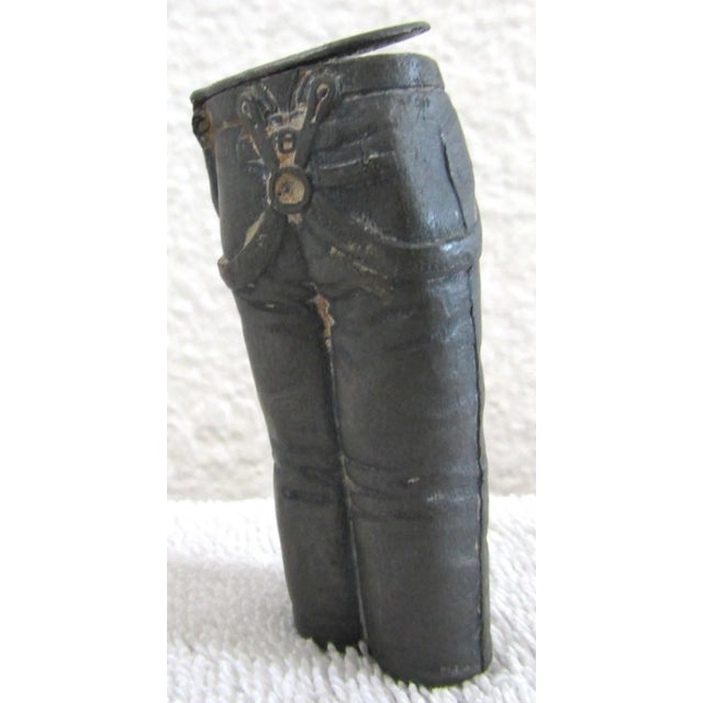 Late 19th Century Antique 1886 Sculptural Pewter Work Pants Match Safe For Sale - Image 5 of 11