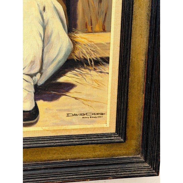 Wood David Cheng Hong Kong 1961 Portrait of Scholar with Opium Pipe Oil Painting For Sale - Image 7 of 9