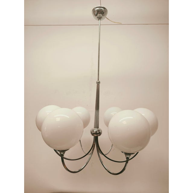 6-Light Chrome Chandelier with Glossy White Sphere Glasses, 1980s For Sale - Image 14 of 18