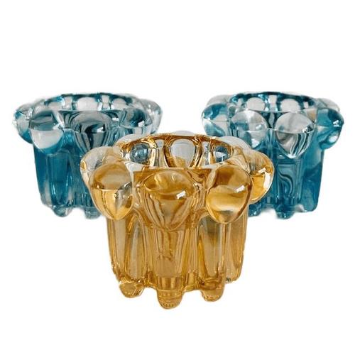 Set of 3 vintage Reims France tealight holders in blue and amber glass from the 1960s. These glass tealight holders were...