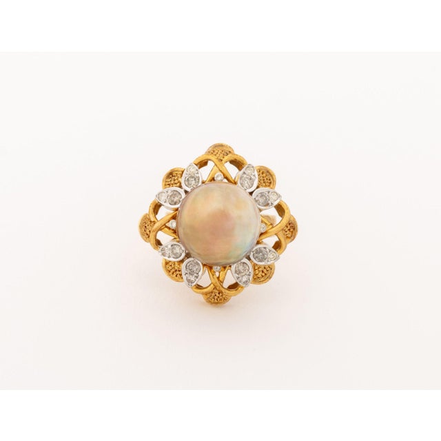 Modernist 14k Two-Tone Gold, Diamond, and Golden Pearl Cocktail Ring For Sale - Image 4 of 7