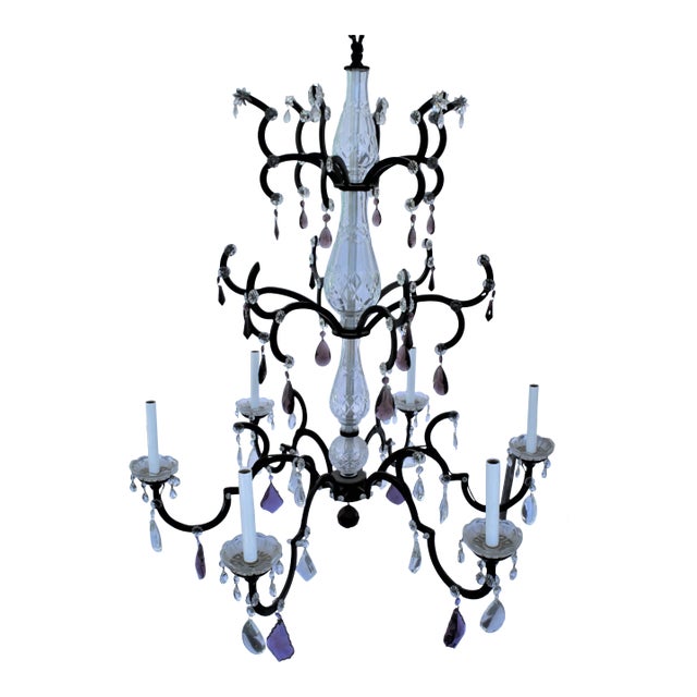 Crystal Chandelier, Iron Frame With Semi-Black Painted Finish & Clear and Amethyst Crystals For Sale