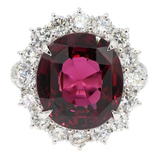 Gia Certified Solid Platinum 900 Natural Diamond and Natural Garnet Ring, Size 6.25 For Sale