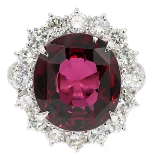 Gia Certified Solid Platinum 900 Natural Diamond and Natural Garnet Ring, Size 6.25