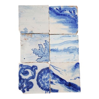 18th Century Antique Hand-Painted Portuguese Set of 6 Tiles With Rustic Scenic Decoration For Sale
