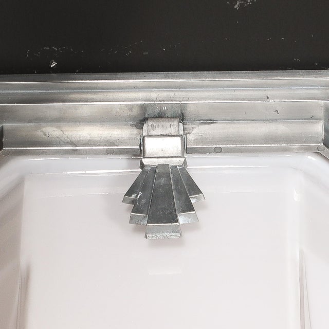 White Art Deco Skyscraper Style Milk Glass Flush Mounts W/ Polished Aluminum Fittings For Sale - Image 8 of 12