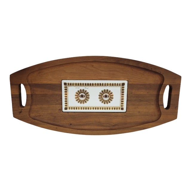 1960 Mid Century Wood Serving Tray With Ceramic Tile Inlay by Georges Briard For Sale