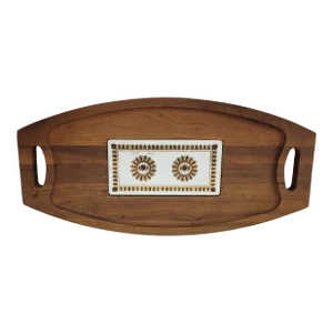 1960 Mid Century Wood Serving Tray With Ceramic Tile Inlay by Georges Briard