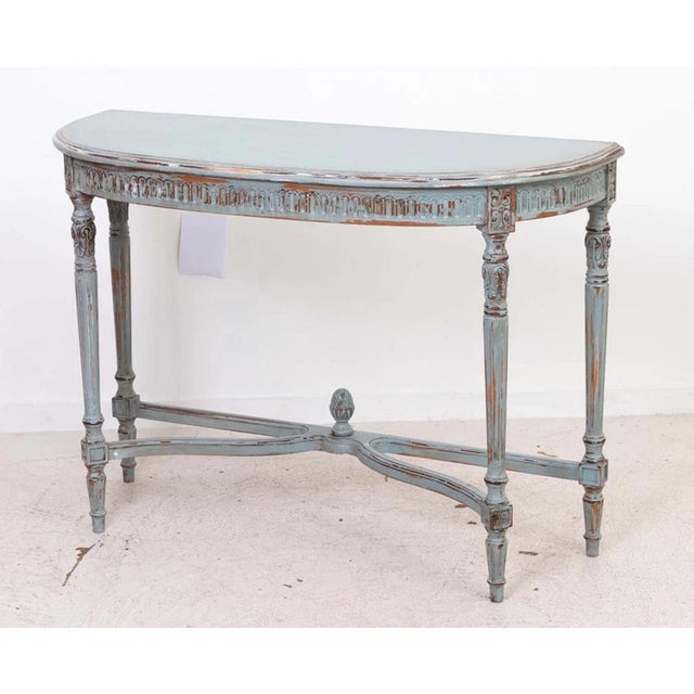 Louis XV Carved Duck Egg Blue Demi Lune Console. Repainted and well distressed finish. Vey sturdy, ready to use. Stamped...