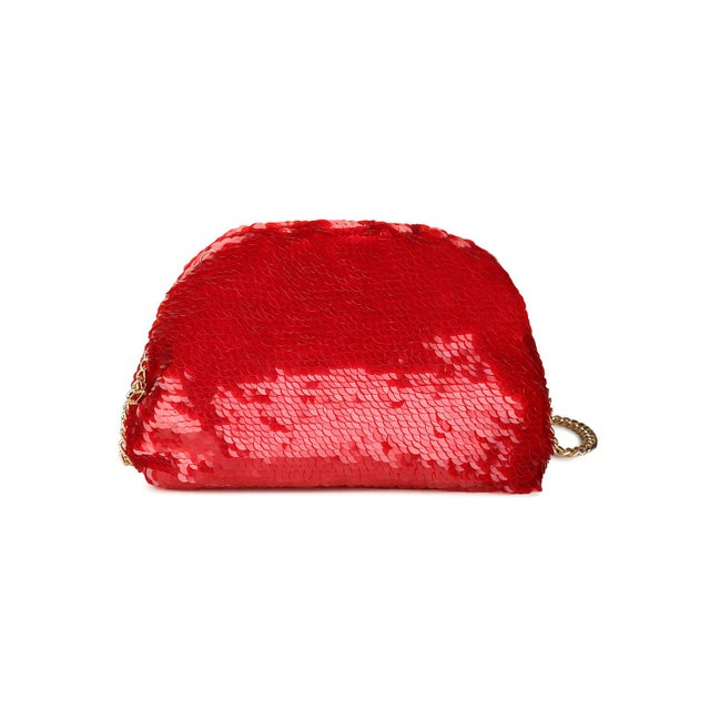 Frame clutch in all over red paillette sequins. Fully lined with drop in cross body gold chain strap.