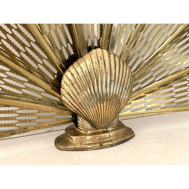 Vintage Brass Peacock Folding Fireplace Screen With Shell Motif For Sale - Image 6 of 15