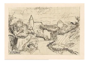 Robert Fontene, View of the Village In the Nature, Ink, Mid-20th Century