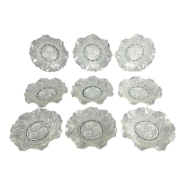 1940s Art Deco Style Frosted Art Glass Floral Plates - 9pcs For Sale