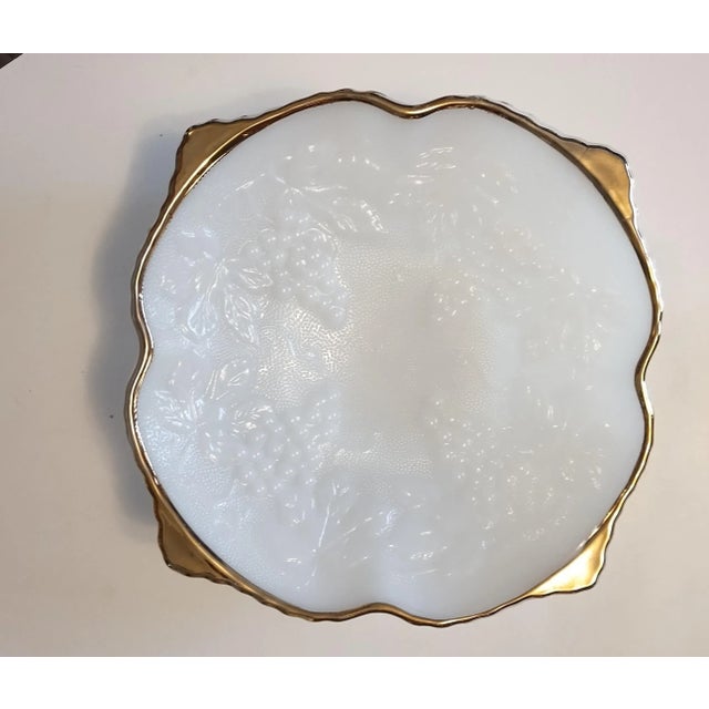 Vintage Anchor Hocking White Milk Glass Dish Bowl Embossed Grapes with Gold Trim. no chips or cracks in great shape
