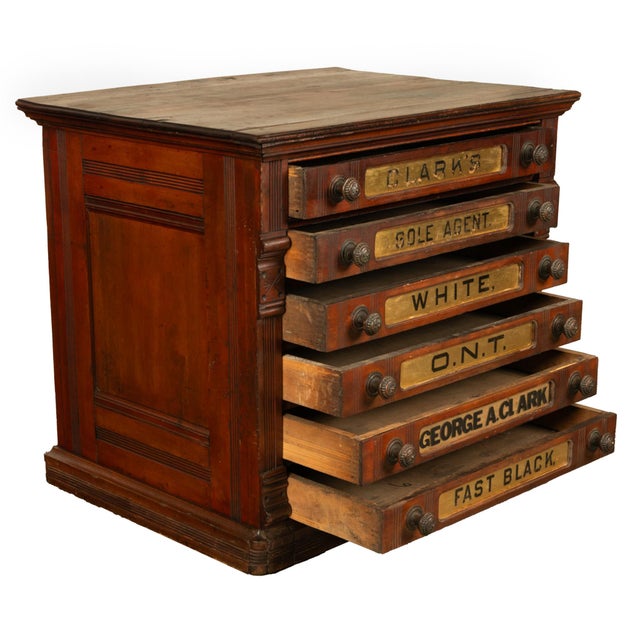 Wood Antique Eastlake Clark's Walnut Mercantile Store Advertising Thread Cabinet 1880 For Sale - Image 7 of 18