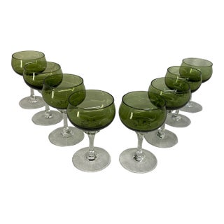 Vintage Sasaki Coronation Avocado Green Crystal Wine and Champagne Glasses - Set of 8 For Sale