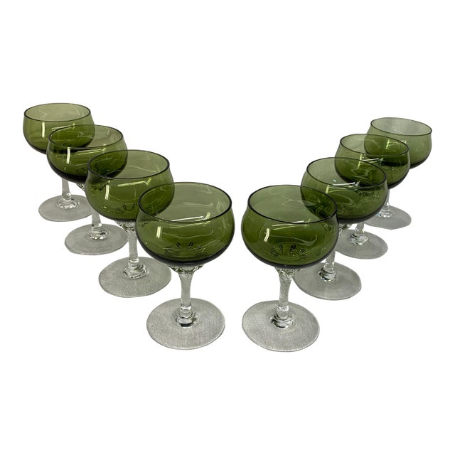 Vintage Sasaki Coronation Avocado Green Crystal Wine and Champagne Glasses - Set of 8 For Sale