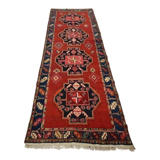 Caucasian Runner 4′ X 11′ Red Wool Vintage Tribal Hand-Knotted Oriental Rug For Sale