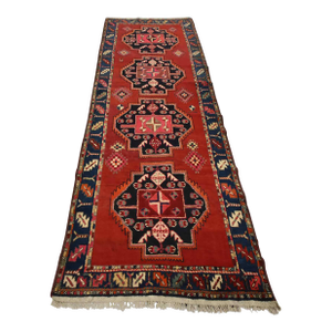 Caucasian Runner 4′ X 11′ Red Wool Vintage Tribal Hand-Knotted Oriental Rug