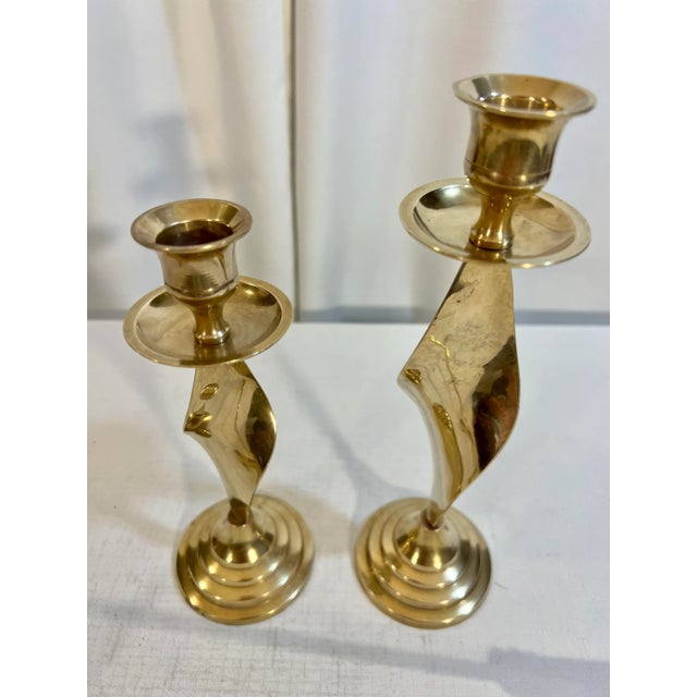Vintage Polished Brass Twisted Candlestick Holders and Candle Sniffer - Set of 3 For Sale - Image 4 of 8