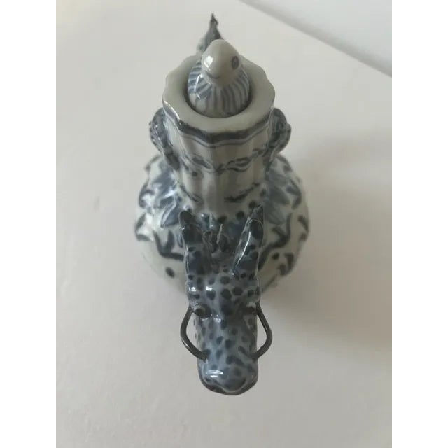 Vintage Chinese Blue & White Porcelain Dragon Tea Pot For Sale - Image 4 of 11