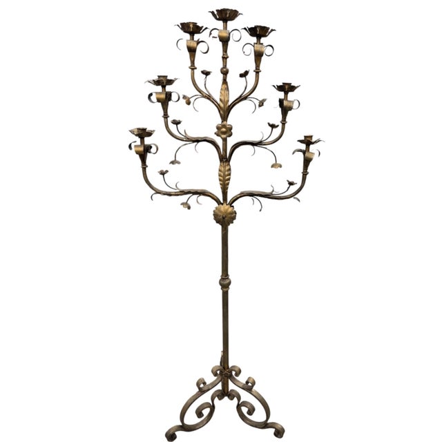 Italian Vintage Florentine Style Gilt Wrought Iron Floor Candelabra For Sale - Image 3 of 12