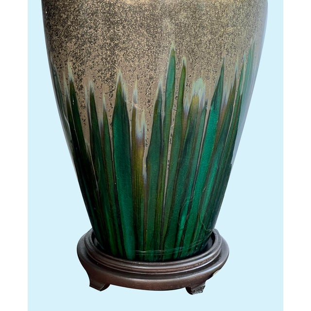 Large Pair Vintage Textured Iridescent Glazed Lamps With Emerald Green Striation For Sale - Image 4 of 6