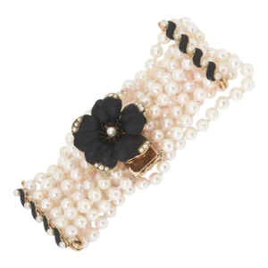 Victorian Black Enamel Pansy Gold Brooch with Matching Pearl Bracelet