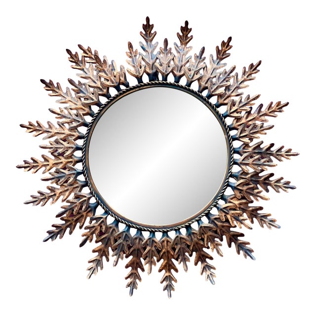 Spanish 1950's Round Gilt Metal Sunburst Mirror For Sale