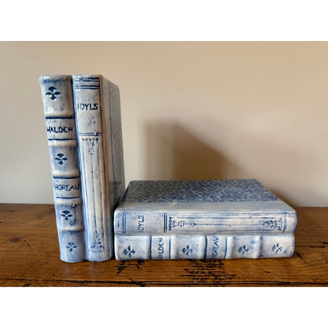 Vintage Pair of Faux Book Themed Book Ends, Blue & White Hand Painted Ceramic, Heavy. They are sponge painted and are faux...