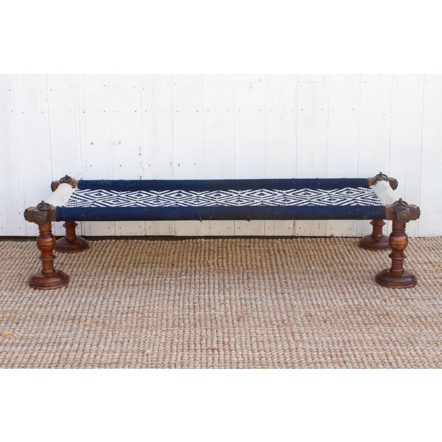 Farmhouse Long Blue & White Woven Charpai Bench For Sale - Image 3 of 10