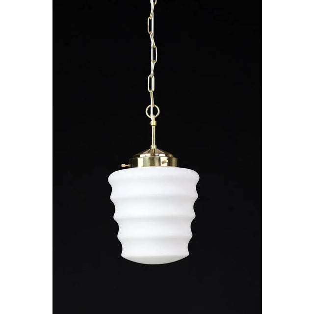 Mid-Century Modern Mid-Century Modern Brass and Opaline Glass Pendant, Prague, 1960s For Sale - Image 3 of 11