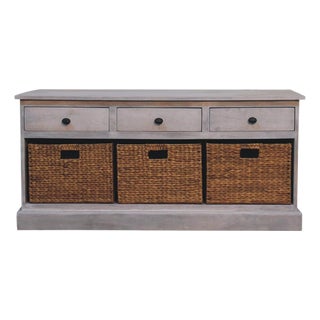 Distressed Wood Storage Cabinet With Woven Baskets For Sale