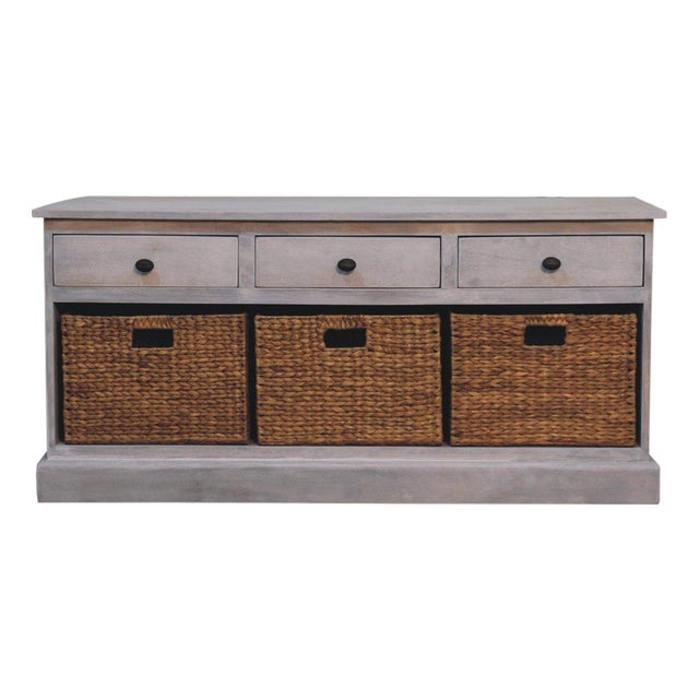 Distressed Wood Storage Cabinet With Woven Baskets For Sale
